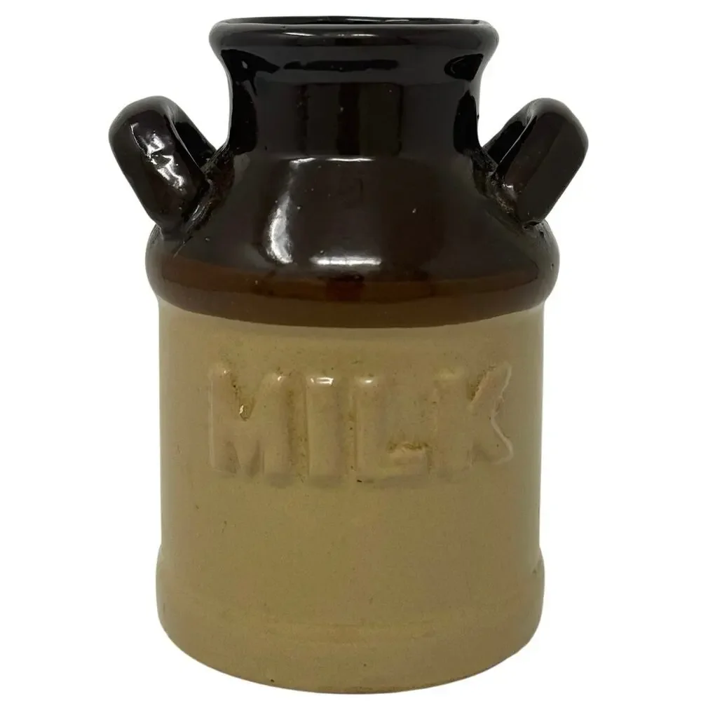 Vintage 70s Stoneware Milk Jug Brown Tan Glaze Rustic Farmhouse Decor